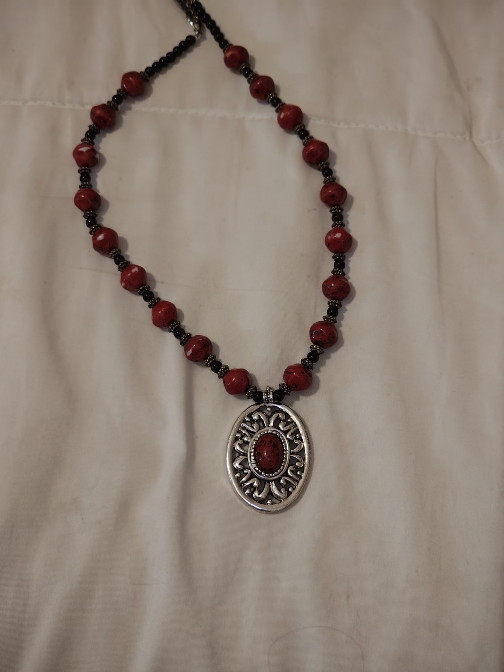 Napier Red Beaded Necklace with Silver-Tone Oval Pendant